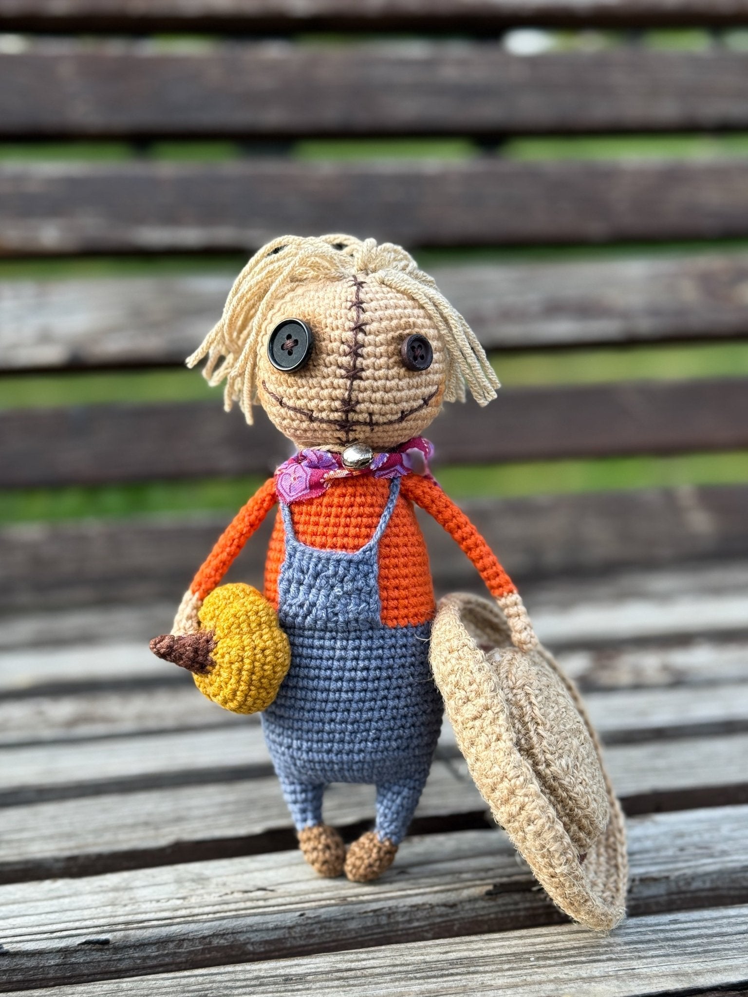 Handmade Crochet Scarecrow Plush with Pumpkin – Rustic Fall & Halloween Amigurumi Doll - WoollyFox